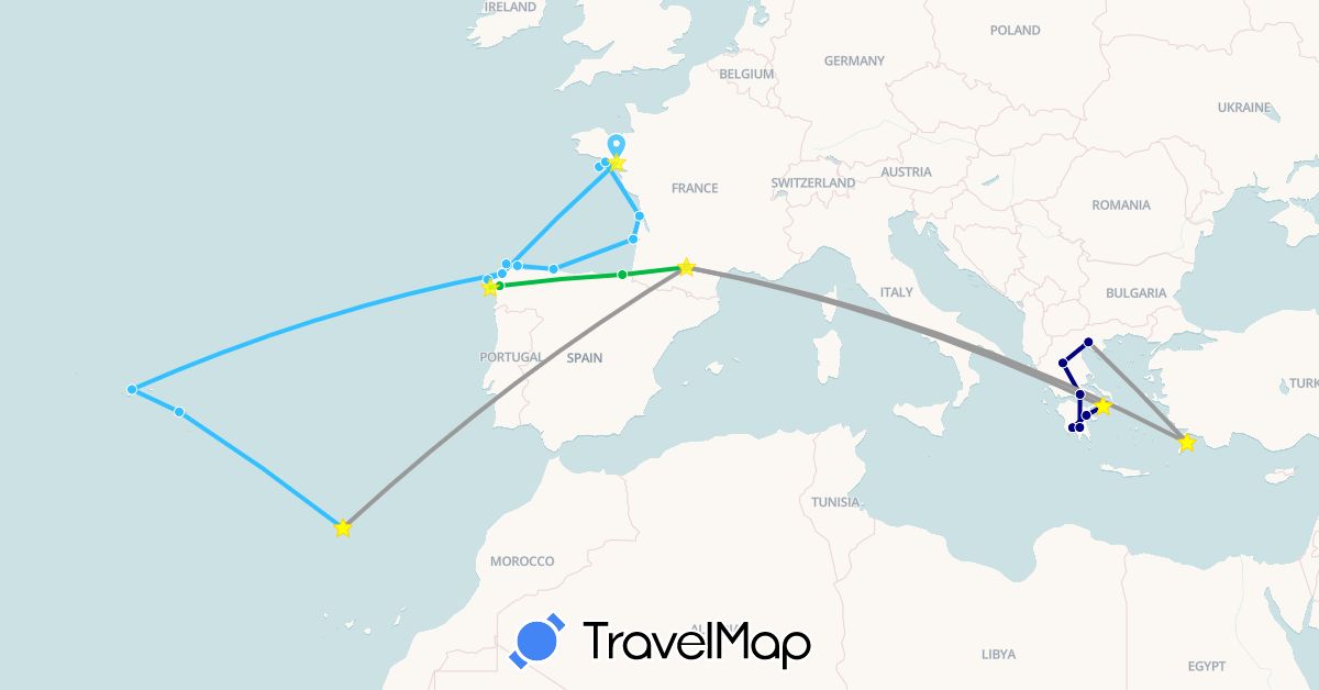TravelMap itinerary: driving, bus, plane, boat in Spain, France, Greece, Portugal (Europe)